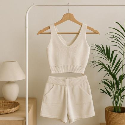 Imagem de Conjunto Tricot Feminino Tamanho Único Regata e Shorts Off-White com Bolsos