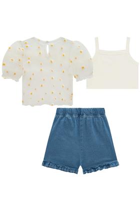 Imagem de Conjunto Trio Infantil Top Canelado Bata em Tule Bordado Margaridas e Shorts Jeans Liz c/Elastano Flora by Infanti