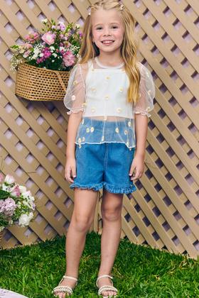 Imagem de Conjunto Trio Infantil Top Canelado Bata em Tule Bordado Margaridas e Shorts Jeans Liz c/Elastano Flora by Infanti