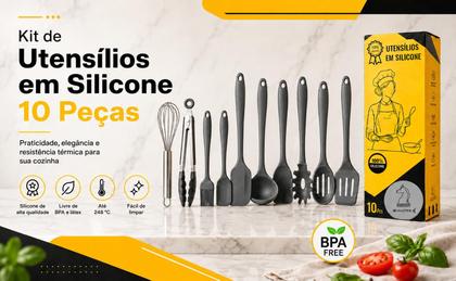 Imagem de Conjunto Utensílios Jogo Kit Profissional 10 Peças Cozinha Silicone Resistente a Altas Temperaturas Antiriscos BPA Free Colher EspátulaS CINZA XMATTE