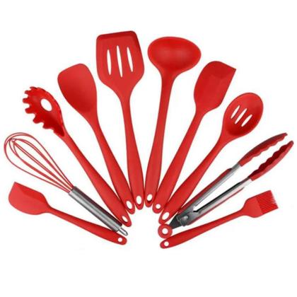 Imagem de Conjunto Utensílios Profissional 10 Peças Cozinha Silicone VERMELHO Talher escumadeira concha colher