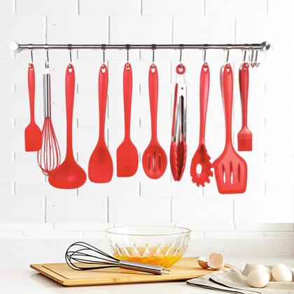 Imagem de Conjunto Utensílios Profissional 10 Peças Cozinha Silicone VERMELHO Talher escumadeira concha colher