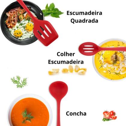 Imagem de Conjunto Utensílios Profissional 10 Peças Cozinha Silicone VERMELHO Talher escumadeira concha colher