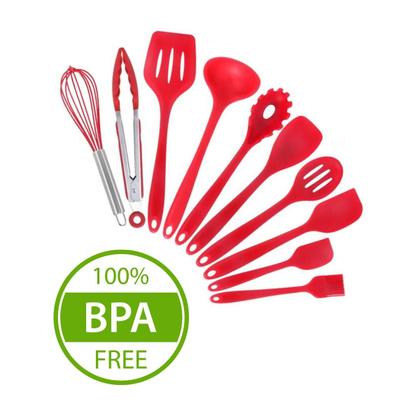 Imagem de Conjunto Utensílios Profissional 10 Peças Cozinha Silicone VERMELHO Talher escumadeira concha colher
