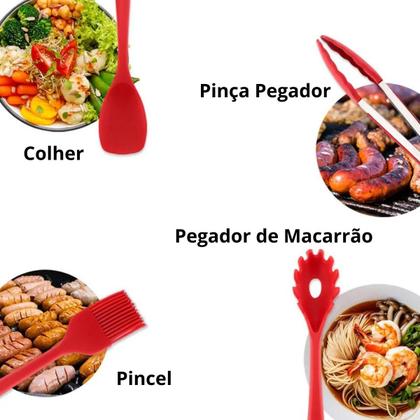 Imagem de Conjunto Utensílios Profissional 10 Peças Cozinha Silicone VERMELHO Talher escumadeira concha colher