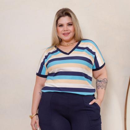 Imagem de Conjunto Verão Blusa Listrada Manga Curta e Calça Capri Plus Size