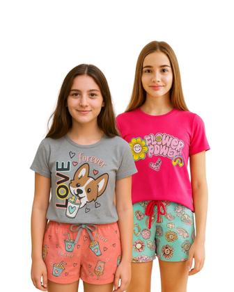 Imagem de Conjunto Verão Infantil Juvenil Feminino Blusinha e Shorts em Algodão + Cotton Roupa Menina Tamanhos 10 12 14 16