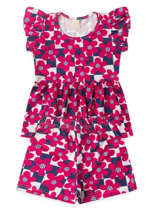 Imagem de Conjunto Verão Menina Marinho Cropped com Babado e Shorts Flores