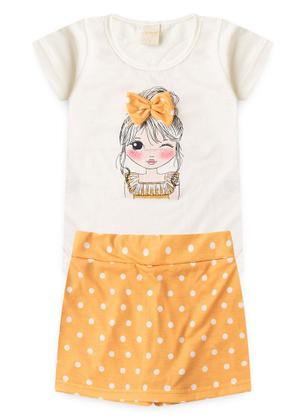 Imagem de Conjunto Verão Menina Natural Blusa com Laço e Shorts Saia Bolinhas