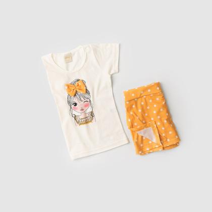 Imagem de Conjunto Verão Menina Natural Blusa com Laço e Shorts Saia Bolinhas