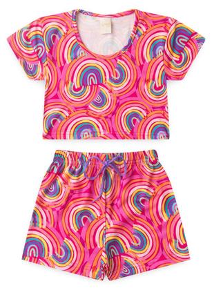 Imagem de Conjunto Verão Menina Pink Cropped e Shorts com Cadarço Arco Íris Retrô
