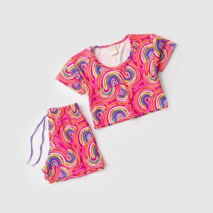 Imagem de Conjunto Verão Menina Pink Cropped e Shorts com Cadarço Arco Íris Retrô