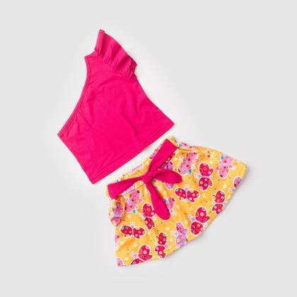 Imagem de Conjunto Verão Menina Pink Cropped um Ombro Só e Shorts Saia com Faixa Borboletas