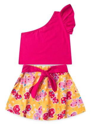 Imagem de Conjunto Verão Menina Pink Cropped um Ombro Só e Shorts Saia com Faixa Borboletas