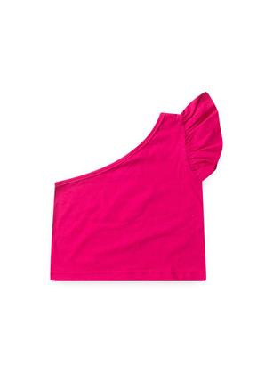 Imagem de Conjunto Verão Menina Pink Cropped um Ombro Só e Shorts Saia com Faixa Florido