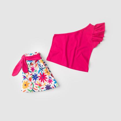 Imagem de Conjunto Verão Menina Pink Cropped um Ombro Só e Shorts Saia com Faixa Florido