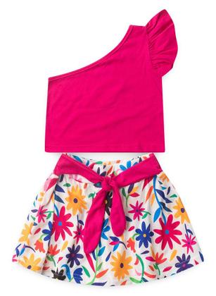 Imagem de Conjunto Verão Menina Pink Cropped um Ombro Só e Shorts Saia com Faixa Florido