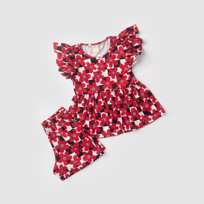 Imagem de Conjunto Verão Menina Preto Cropped com Babado e Shorts Flores