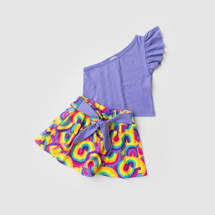 Imagem de Conjunto Verão Menina Roxo Cropped um Ombro e Shorts Saia com Faixa