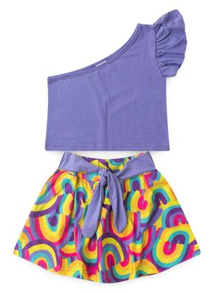 Imagem de Conjunto Verão Menina Roxo Cropped um Ombro e Shorts Saia com Faixa