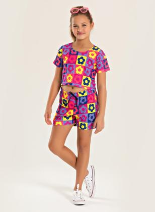 Imagem de Conjunto Verão Menina Tulipa Cropped e Shorts Com Cadarço Florzinhas