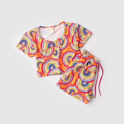 Imagem de Conjunto Verão Menina Vitamina Cropped e Shorts com Cadarço Arco Íris Retrô