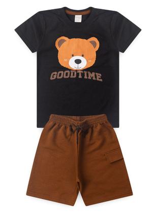 Imagem de Conjunto Verão Menino Preto Camiseta e Bermuda Com Lapela Urso