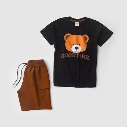 Imagem de Conjunto Verão Menino Preto Camiseta e Bermuda Com Lapela Urso