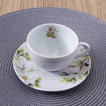 Imagem de Conjunto Xícara e Pires de Chá Porcelana 250ml Tramontina Magnólia Branca Decorada