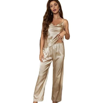 Imagem de Conjuntos de pijamas de cetim sólido sexy sem mangas loungewear simples e respirável para mulheres