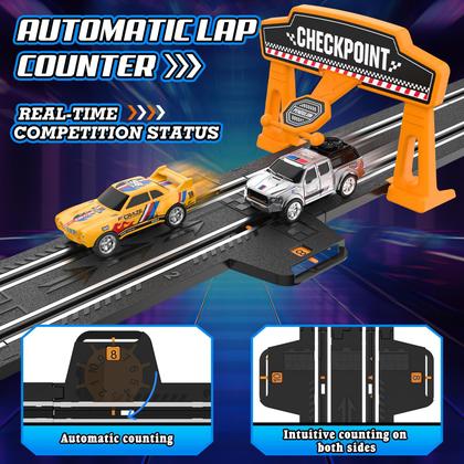 Imagem de Conjuntos de pistas de corrida de caça-níqueis para meninos, pista de corrida com 4 carros caça-níqueis de alta velocidade, pista de bateria ou carro elétrico, conjuntos de pistas de contador de voltas para jogos de corrida dupla, brinquedos e presentes para meninos e meninas de 4 a 5, 6, 7 e 8 a 12 anos