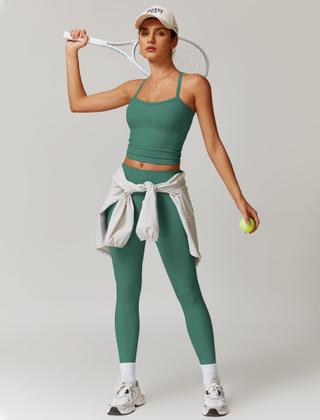 Imagem de Conjuntos de treino feminino, duas peças, blusa elástica e cruzada, combinando com controle de barriga, conjunto de leggings de cintura alta, 2 peças para mulheres, academia, ioga, roupas de ginástica, roupas esportivas, verde militar