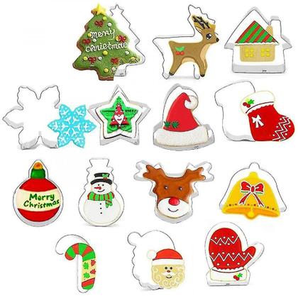 Imagem de Conjuntos de utensílios de cozinha cortadores de biscoitos de natal conjunto de 14 bolo de pão de fondant de aço inoxidável