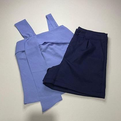 Imagem de Conjuntos Femininos Blusa Shorts Alfaiataria Blogueira Verão Azul