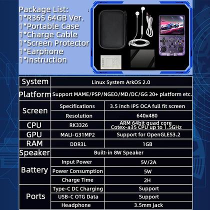 Imagem de Consola de jogos portátil R36S Retro de 3,5 polegadas e mais de 15.000 jogos 32 GB+64 GB