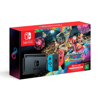 Imagem de Console Nintendo Switch + Joy-Con Neon + Mario Kart 8 Deluxe + 3 Meses de Assinatura Nintendo Switch Online, Azul e Vermelho - HBDSKABL2