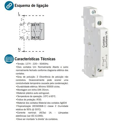 Imagem de Contator Circuitos De Comando Auxiliar 2 Polos 1na + 1nf 1a LECT4201 Exatron