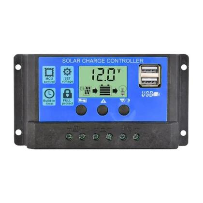 Imagem de Controlador de Carga Solar 12V/24V - 10A/20A/30A - LCD, USB Duplo e Descarga Automática