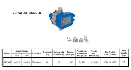 Imagem de Controlador de Pressão Eletroplas CAE-10-1 Monofásico 220v
