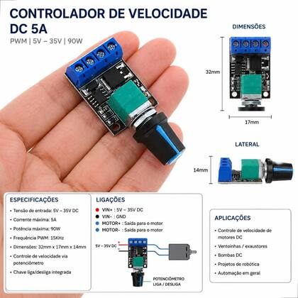Imagem de Controlador De Velocidade Para Motor Dc Pwm 5v 12v 10a
