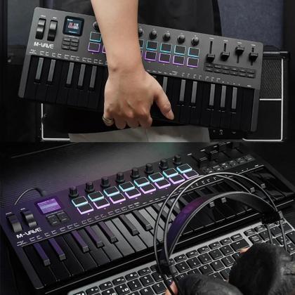 Imagem de Controlador MIDI Preto De 37 Teclas Com 16 Pads RGB, 8 Botões, Sintetizador Integrado, Teclado