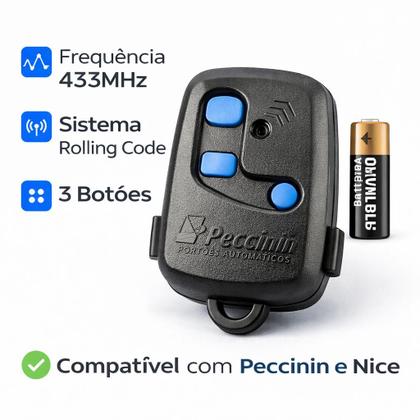 Imagem de Controle Remoto 3C 433MHz Peccinin Nice Portão Eletrônico Preto