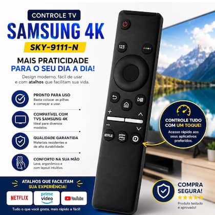 Imagem de Controle Remoto Compatível para TV Samsung Smart 4K com Atalhos LED LCD