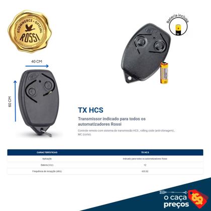 Imagem de Controle Remoto de Portão Rossi HCS 433mhz