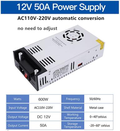 Imagem de Conversor de fonte de alimentação GESD 12V 50A 600W com braçadeiras e fios