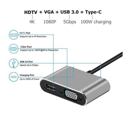 Imagem de Conversor multifuncional 4 em1 Tipo-C até4K HD+VGA+USB3.0+PD
