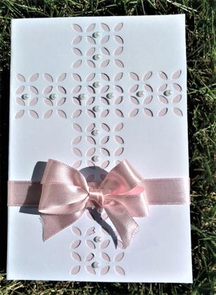 Imagem de Convite Individual Madrinha CRISMA - Capa Cruz ROSA / Divino Espírito Santo - Acompanha Mini Terço