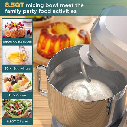 COOKLEE Batedeira 6-em-1, 8.5Qt, Multiuso, Aço Inox, Prata - Bowl