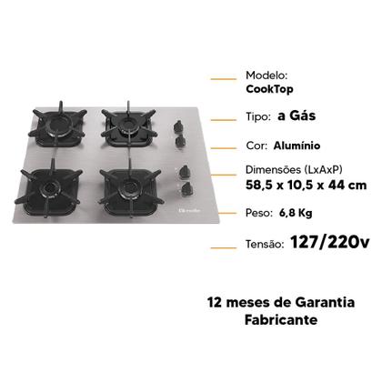 Imagem de Cooktop 4 Bocas Mueller Alumínio Ultra a Gás Chama Automatico Bivolt