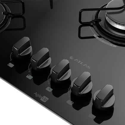 Imagem de Cooktop 5 Bocas a Gás Atlas Agile Up com Mesa de Vidro e Queimador Mega Chama Preto Bivolt